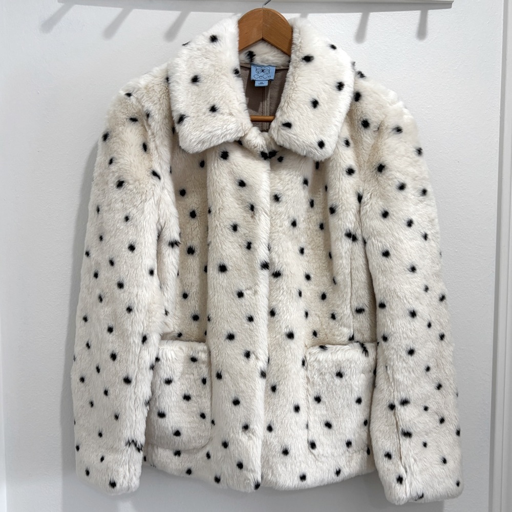 CeCe black & white polka dot faux fur jacket, XS